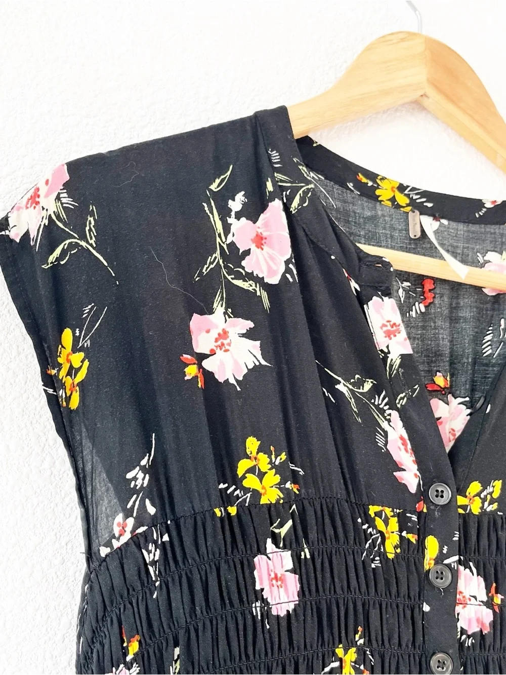 Free People Greatest Day Black Floral Smocked Boho Button Front Mini Dress